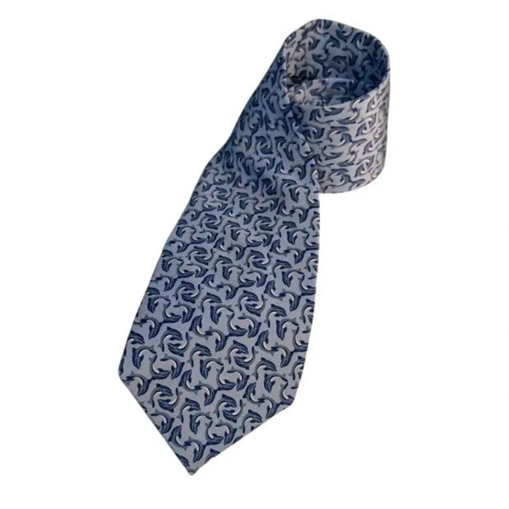 VTG. Ties to Nature Necktie Men OS Blue Dolphin Print Silk Hand Sewn Classic Tie